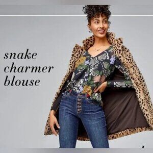 CAbi #3762 Snake Charmer Semi-Sheer Long Sleeve Snake Print Floral Blouse, L